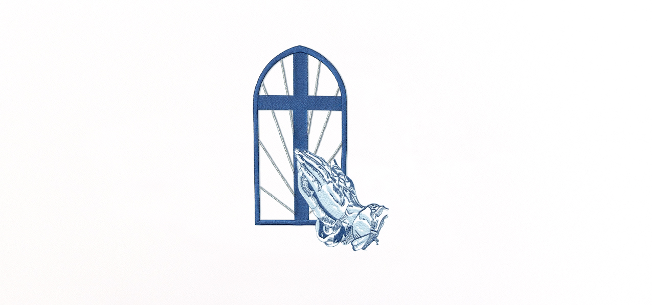 Church Window Hands Blue White Faux